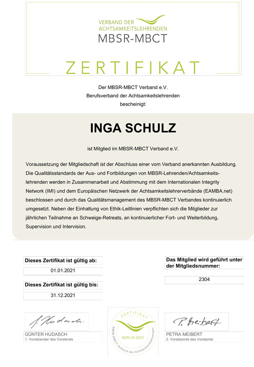 Zertifikat MBSR Inga Schulz